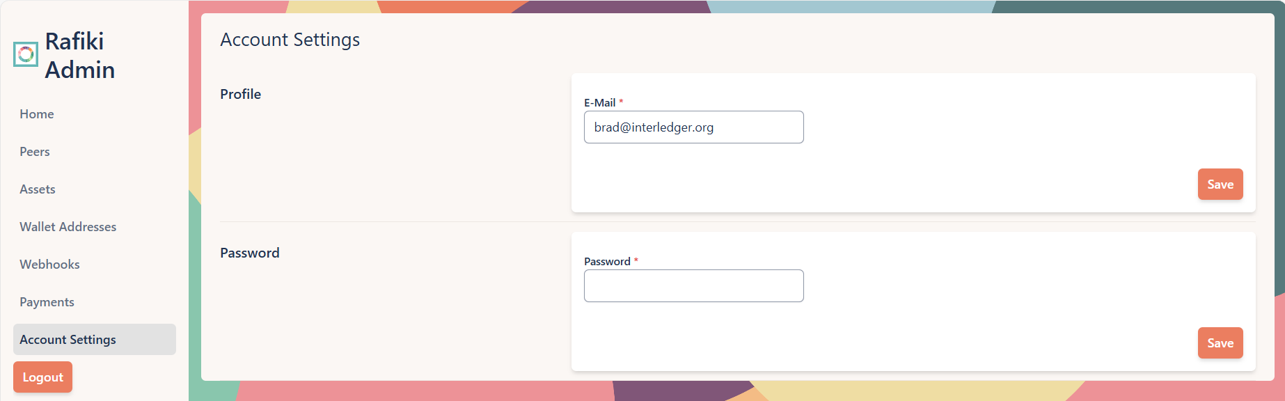 A screenshot of the Rafiki Admin application user interface displaying the "Account Settings" section. It shows two text fields: one to change an email address and one to change a password.