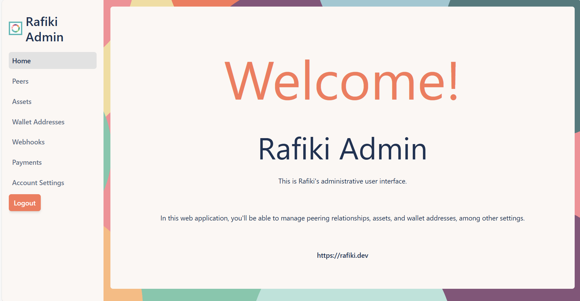 Rafiki Admin application user interface welcome screen with navigation options like Home, Peers, Assets, Wallet Addresses, Webhooks, and more on the left sidebar.